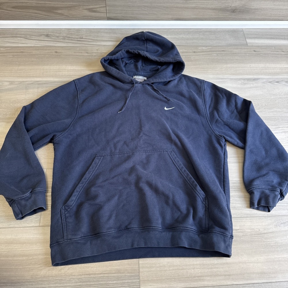 Vintage 90s Nike Center Swoosh Hoodie Navy Blue Silver Tag Mens Size Large